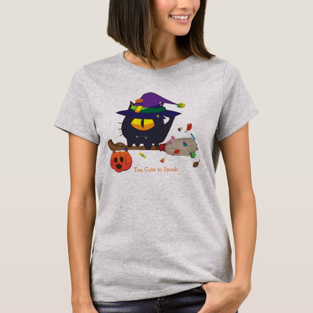 Camiseta Bruxa de Gato Preto Fofo Voadora com Vassoura (Frente)