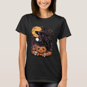 Camiseta Bruxa de Gato Preto Retro Assustador Abóbora de Ha