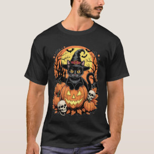 Camiseta Bruxa de Gato Preto Retro Assustador Abóbora de Ha