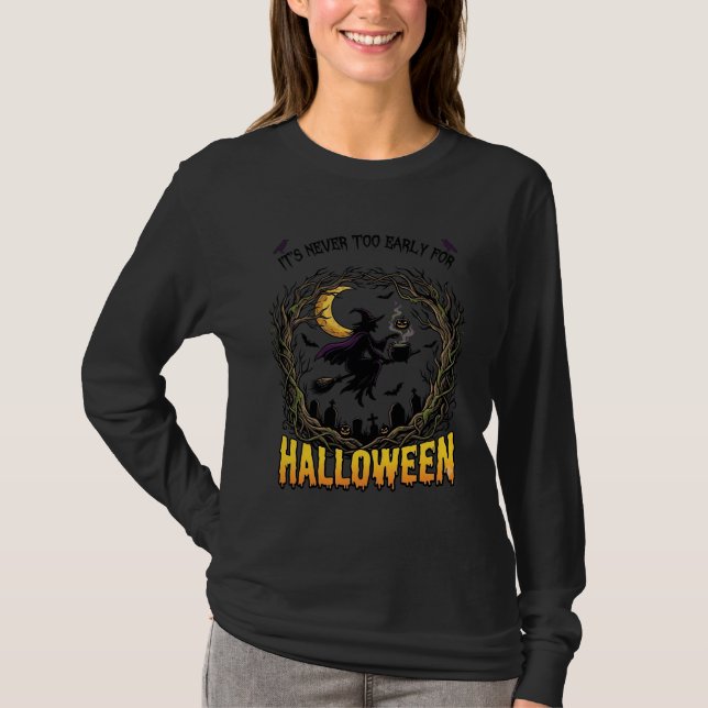 Camiseta Bruxa de Halloween Caldeirão Cemitério da Lua Árvo (Frente)