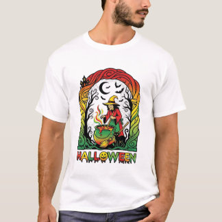 Camiseta Bruxa de Halloween Caldeirão Fermentação Gato Pret