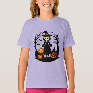 Camiseta Bruxa de Halloween Caprichosa Abóboras Morcegos As