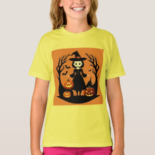 Camiseta Bruxa de Halloween com Abóboras em Cenário Assusta