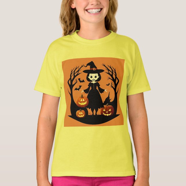 Camiseta Bruxa de Halloween com Abóboras em Cenário Assusta (Frente)