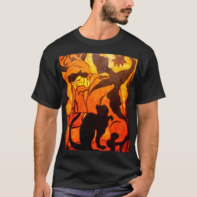 Camiseta Bruxa de Halloween com um Gato Negro (Frente)