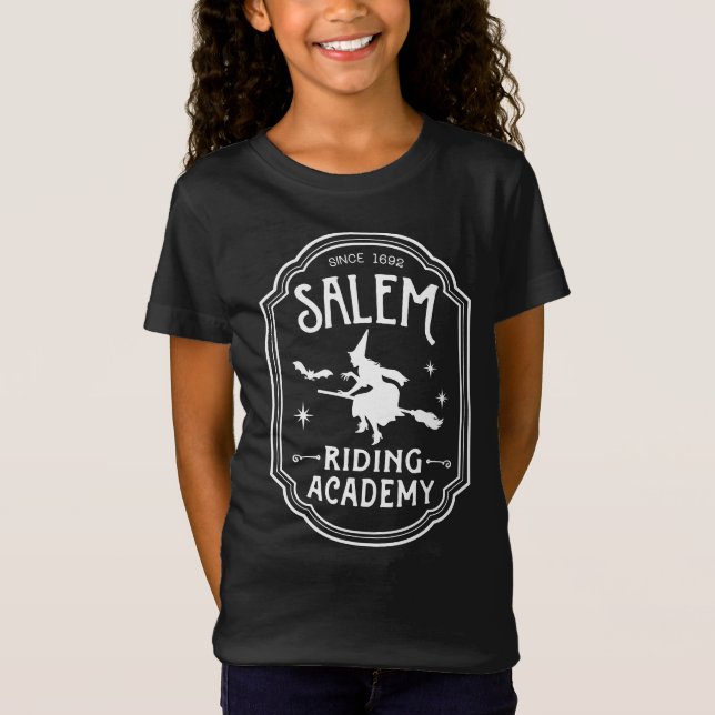 Camiseta Bruxa de Halloween da Academia Salem Riding (Frente)