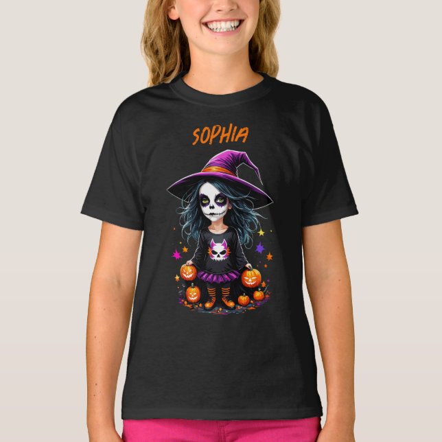 Camiseta Bruxa de Halloween de Kawaii, um Adorável e Bonito (Frente)