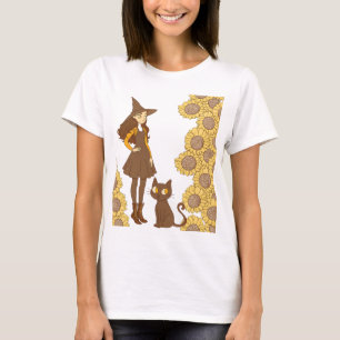 Camiseta “Bruxa de Halloween e Gato com Girassóis”