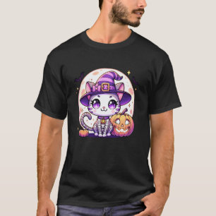Camiseta Bruxa de Halloween Esqueleto Gato Gatito Animal Fo