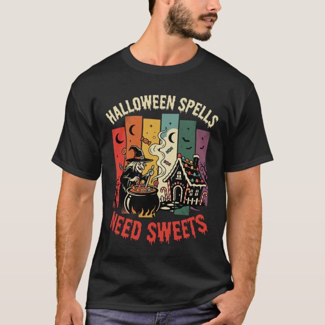 Camiseta Bruxa de Halloween Feitiço de Doces (Frente)
