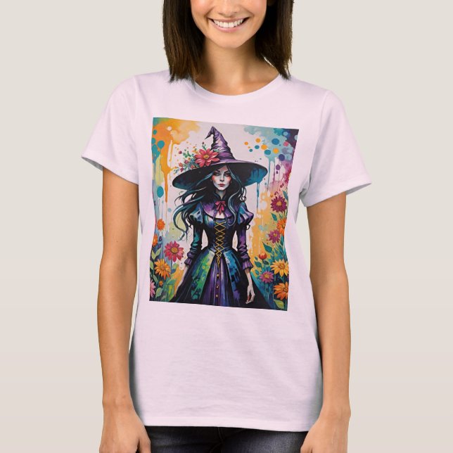 Camiseta Bruxa de Halloween Floral Surreal (Frente)