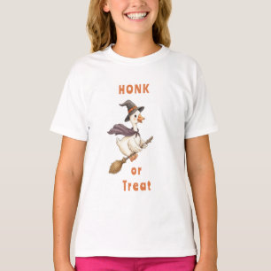Camiseta Bruxa de Halloween Ganso Honk or Treat Menina