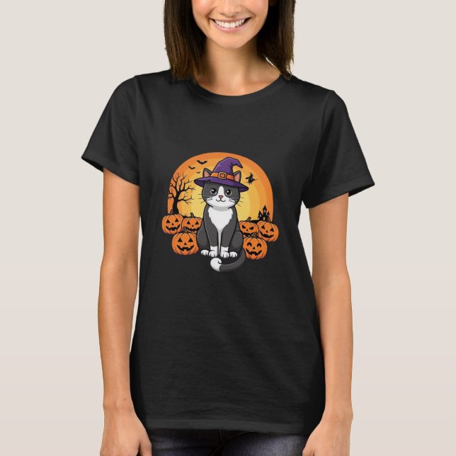 Camiseta Bruxa de Halloween Gato Abóbora Lua Design_1 (Frente)