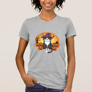 Camiseta Bruxa de Halloween Gato Abóbora Lua Design_1