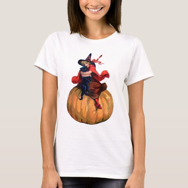 Camiseta Bruxa de Halloween, Gato e Abóbora (Frente)