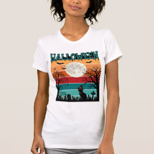 Camiseta Bruxa de Halloween Gato Teia de Aranha Lua Cemitér