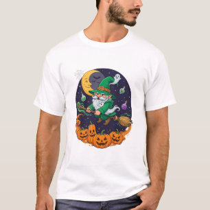 Camiseta Bruxa de Halloween Gnome Vassoura Abóboras Lua