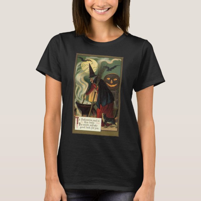 Camiseta Bruxa de Halloween Vintage Mexendo Caldeirão Mágic (Frente)