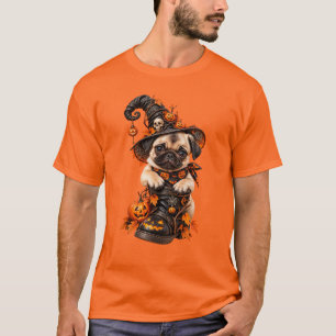 Camiseta Bruxa de Pug Fofo no Halloween Abóbora
