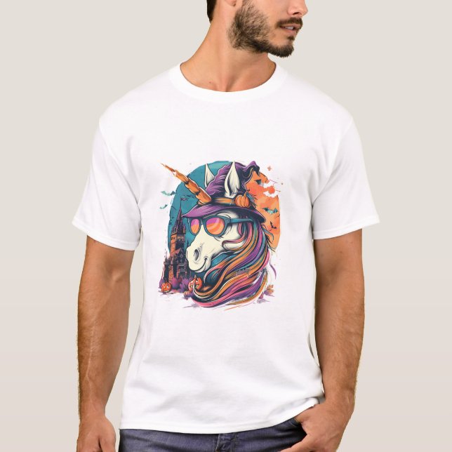 Camiseta Bruxa de Unicórnio de Halloween Morcegos (Frente)