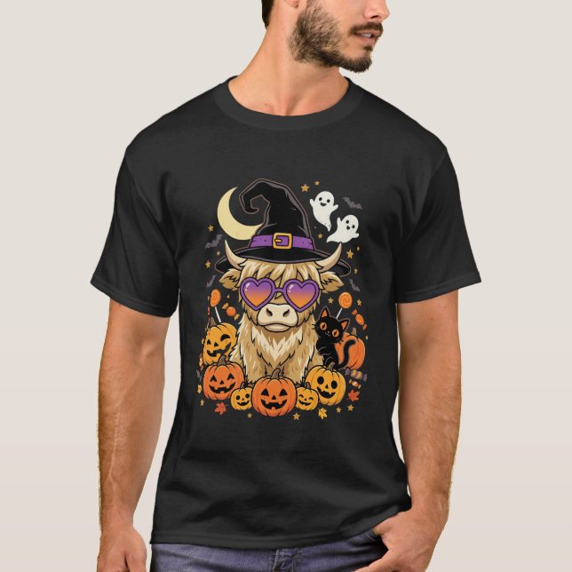 Camiseta Bruxa de Vaca das Terras Altas Fofa Abóbora de Hal (Frente)