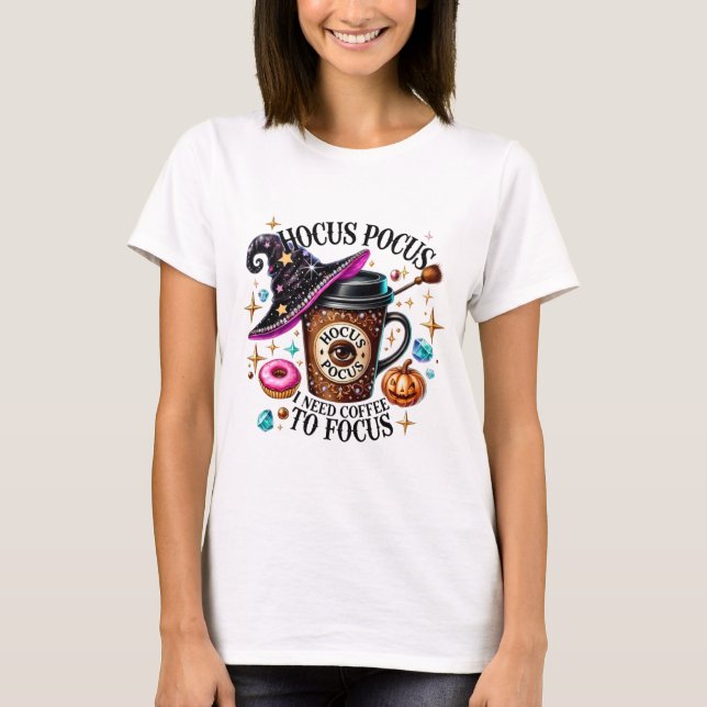 Camiseta Bruxa Divertida Hocus Pocus Preciso de Café (Frente)