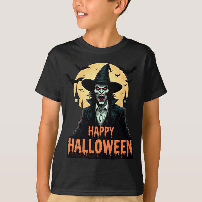 Camiseta Bruxa do Horror das Halloween com Olhos Vermelhos (Frente)