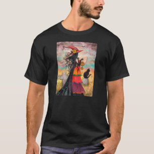 Camiseta Bruxa e Gato Preto Arte de Fantasia de Halloween