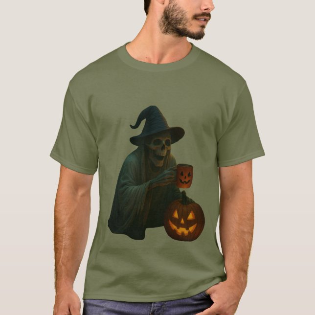 Camiseta Bruxa Esquelética Spookie com Brilho de Pumpkin (Frente)