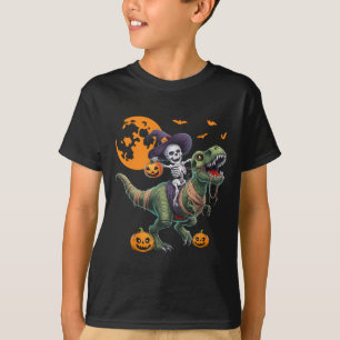 Camiseta Bruxa Esqueleto Montando Dinossauro T Rex Hallowee
