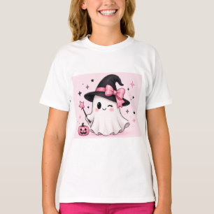Camiseta Bruxa Fantasma Coquette com Laço Rosa no Halloween
