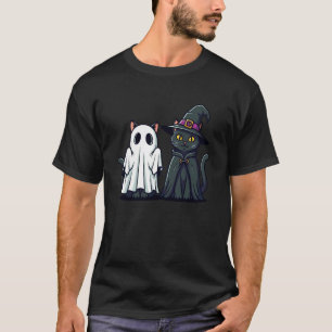 Camiseta Bruxa Fantasma de Gato Preto Fofa Roupa Assustador