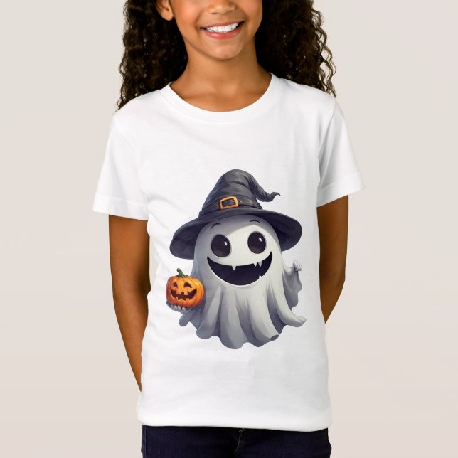 Camiseta Bruxa Fantasma Fofa Com Abóbora Para o Halloween � (Frente)