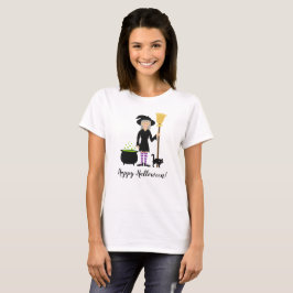 Camiseta Bruxa Fofa Com Seu Gato & Texto Feliz Halloween