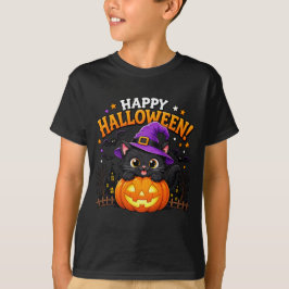 Camiseta Bruxa Fofa Gato Preto Abóbora Feliz Halloween 