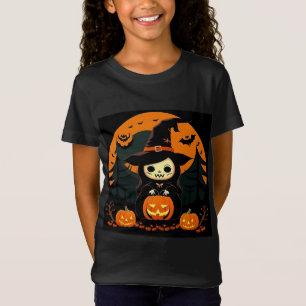 Camiseta Bruxa Fofa Segurando Abóbora no Halloween Assustad
