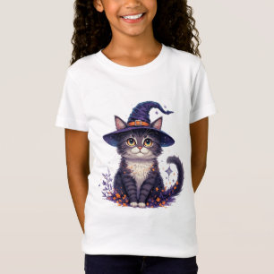 Camiseta Bruxa Gatinha Fofa Com Estrelas E Folhas de Outono