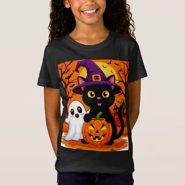Camiseta Bruxa Gatinha Fofa Com Fantasma e Abóbora à Noite  (Frente)