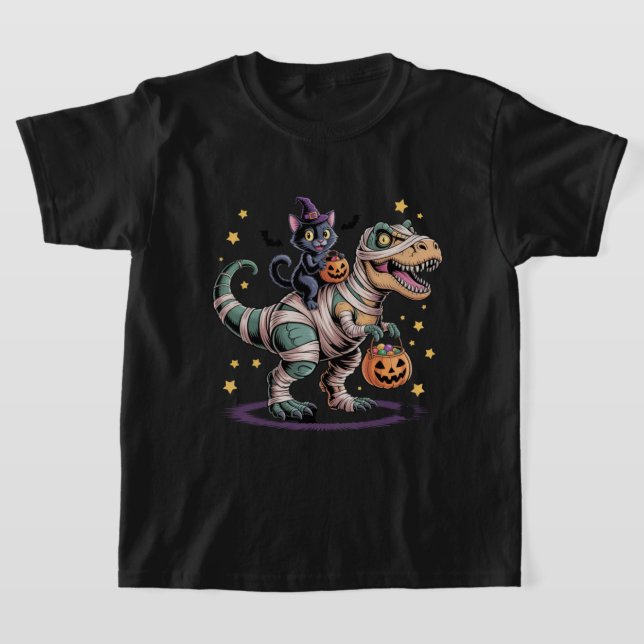 Camiseta Bruxa Gato Andando Múmia T-Rex - Dino de Halloween (Postura )