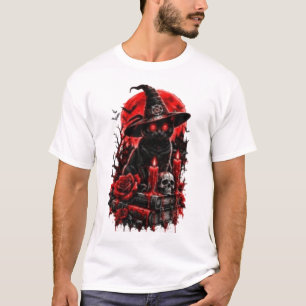 Camiseta Bruxa Gótica Gato Preto Desenho de Caveira de Vela