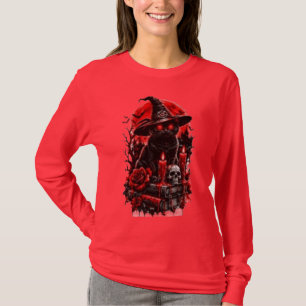 Camiseta Bruxa Gótica Gato Preto Desenho de Caveira de Vela