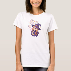 Camiseta Bruxa Kawaii do Halloween com Fantasmas