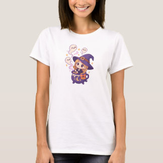 Camiseta Bruxa Kawaii do Halloween com Fantasmas