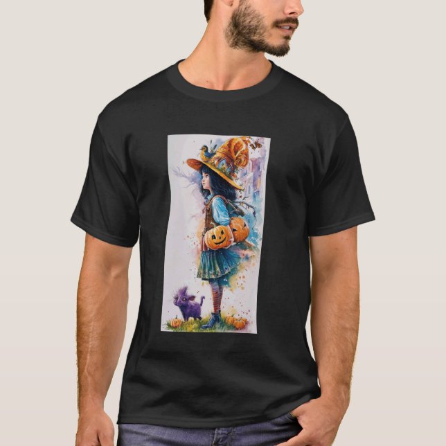 Camiseta Bruxa Menina Com JackOLanterns E Gato Roxo (Frente)
