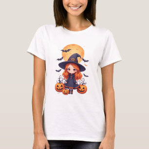 Camiseta Bruxa Menina Fofa Com Abóboras e Morcegos