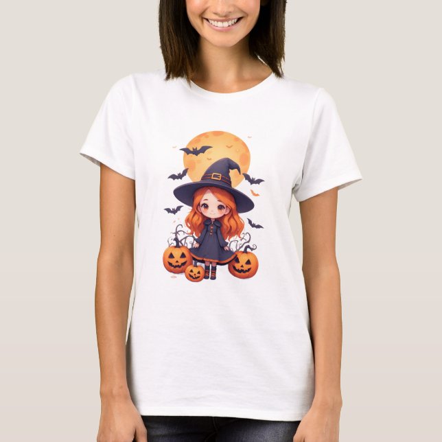 Camiseta Bruxa Menina Fofa Com Abóboras e Morcegos (Frente)