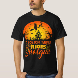 Camiseta Bruxa Meu Boston Terrier Dirige Shotgun Halloween