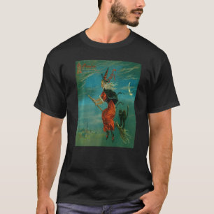 Camiseta Bruxa Montando Vassoura Com Gato Preto Vintage Vec