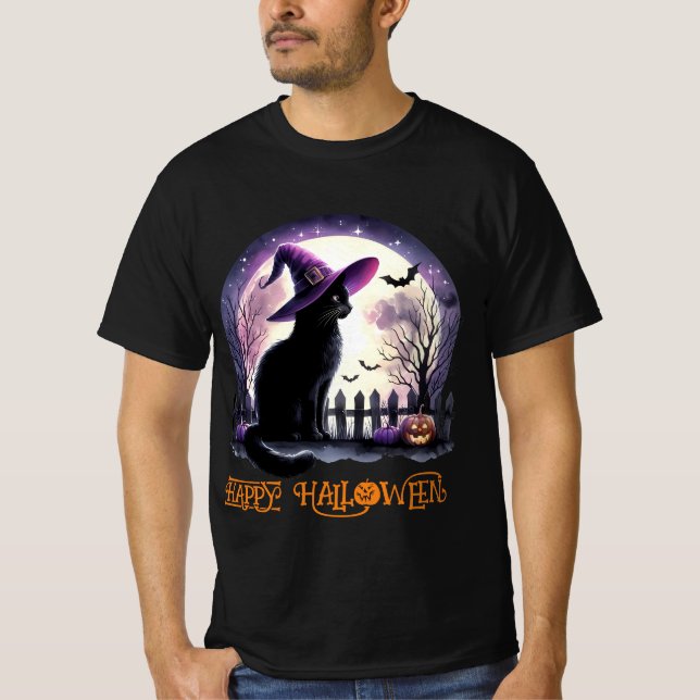 Camiseta Bruxa Negra de Gato e Morcegos do Halloween (Frente)