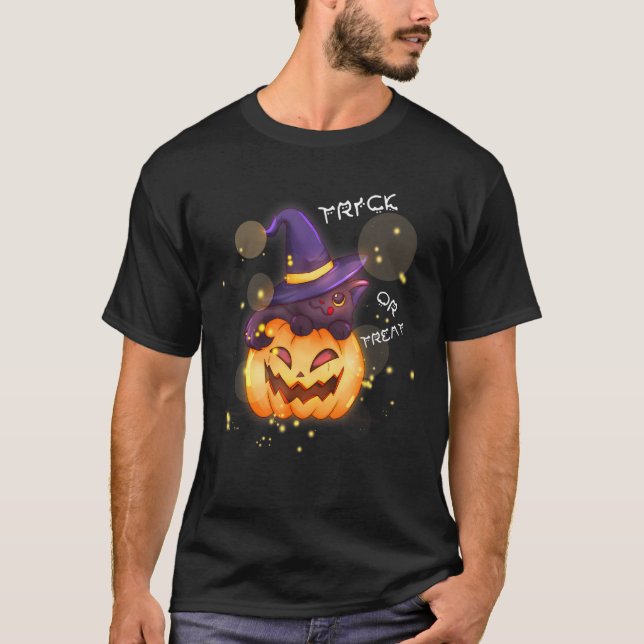 Camiseta bruxa negra do Halloween Abóbora Pumpkin para Rapa (Frente)